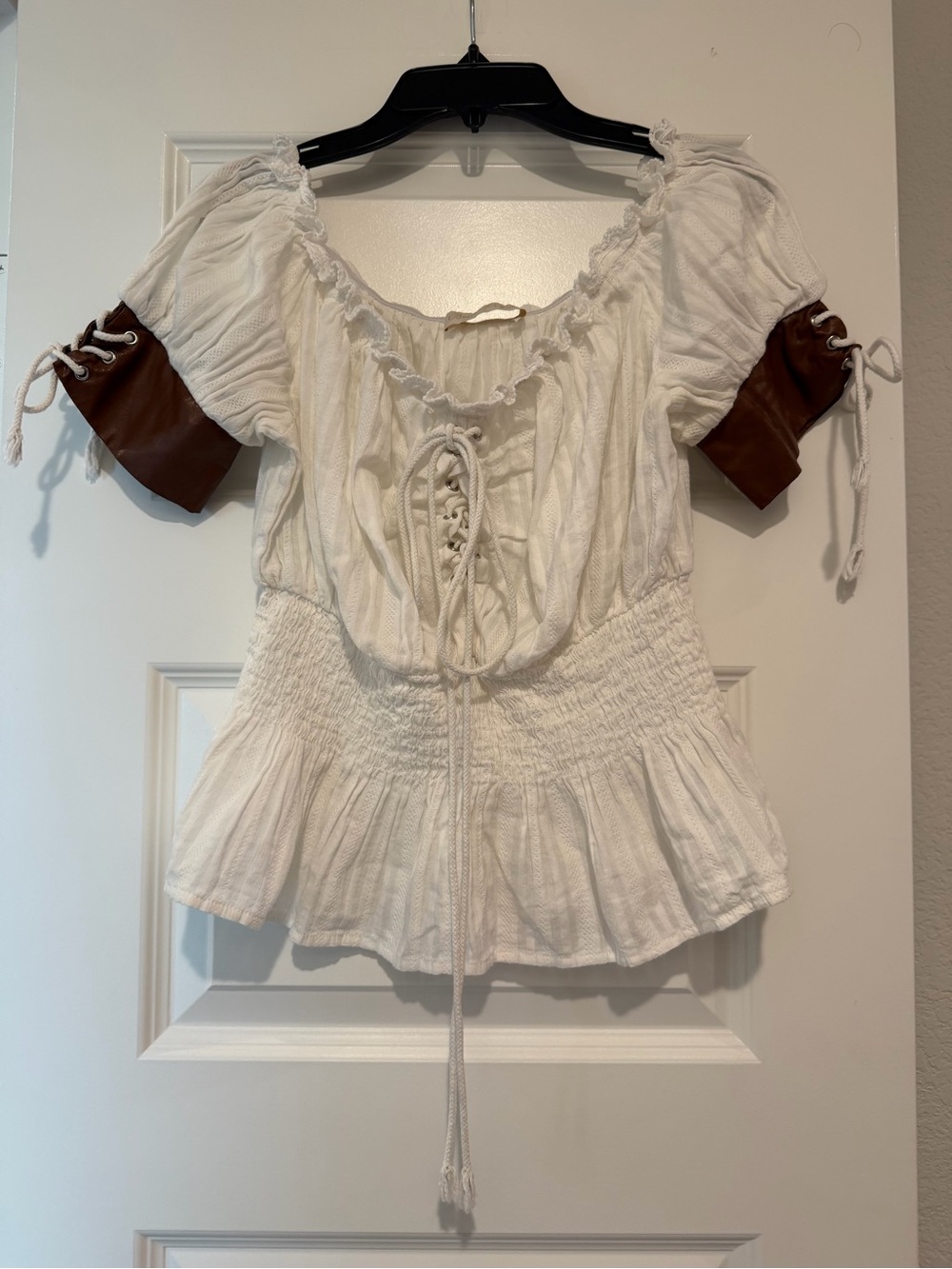 Belle Poque White Corset Peasant Top Brown Lace Up Cuffs Renaissance S